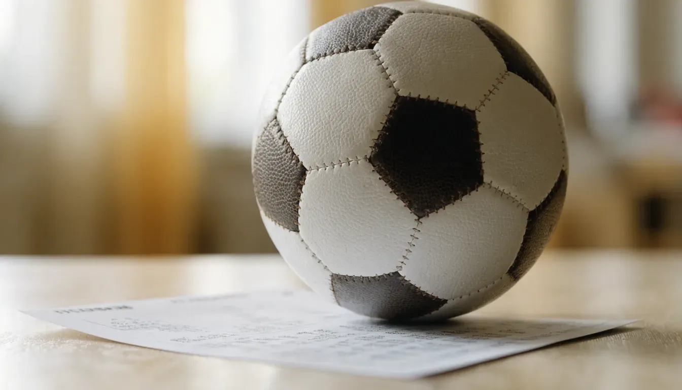 Un pallone da calcio appoggiato su una schedina bianca su un tavolo di legno, alla luce del giorno
