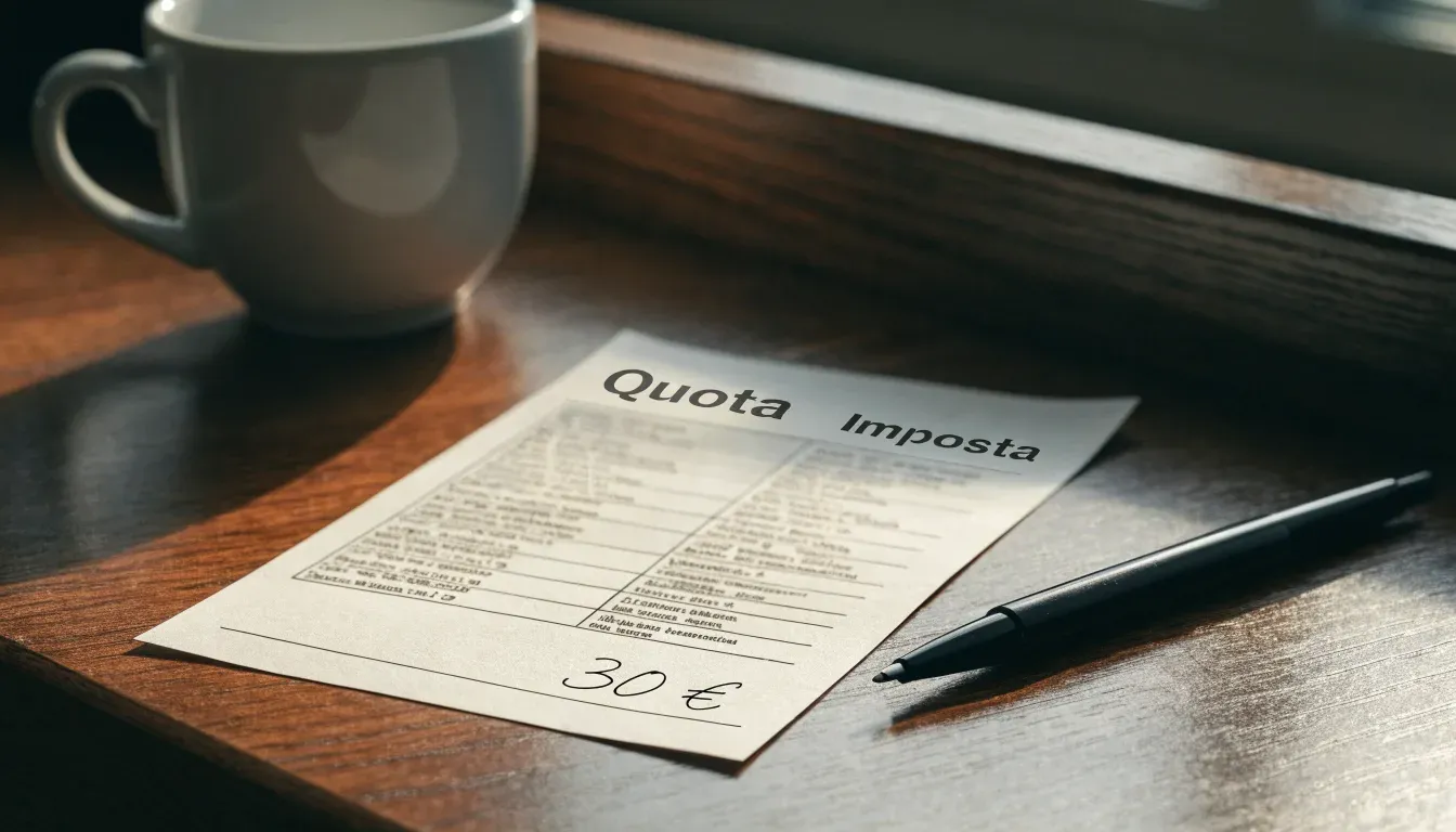 Un foglio di concessione in carta con un timbro rosso, appoggiato su una scrivania di legno accanto a una penna