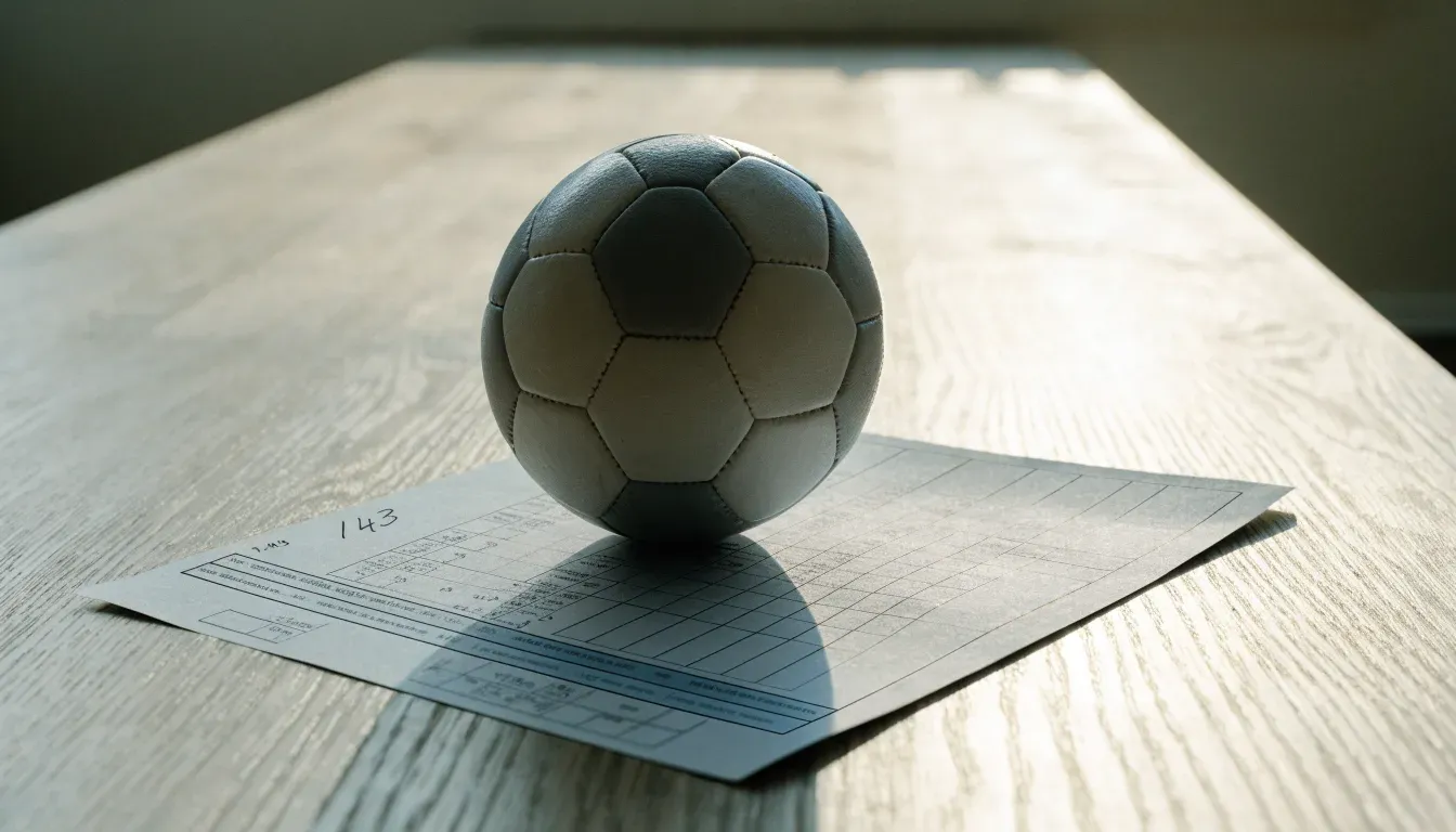 Un pallone da calcio appoggiato su una schedina bianca su un tavolo di legno, alla luce del giorno