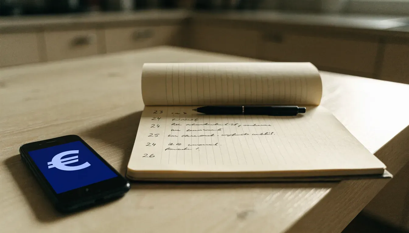 Un documento di identità appoggiato accanto a uno smartphone con un timer sullo schermo, su un tavolo da cucina