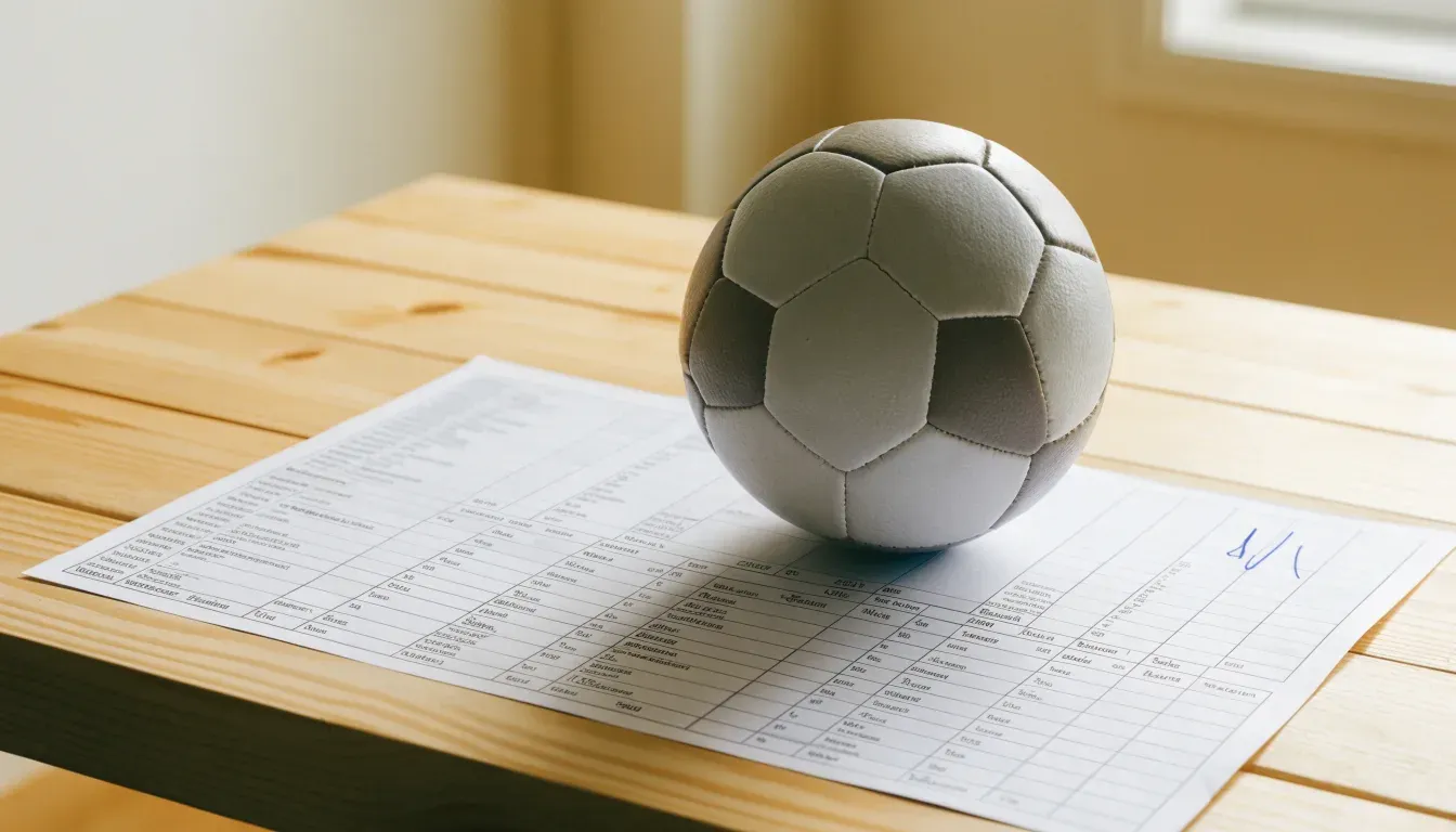 Un pallone da calcio appoggiato su una schedina bianca su un tavolo di legno, alla luce del giorno