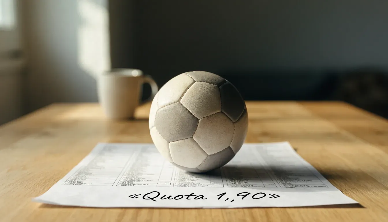 Un pallone da calcio appoggiato su una schedina bianca su un tavolo di legno, alla luce del giorno