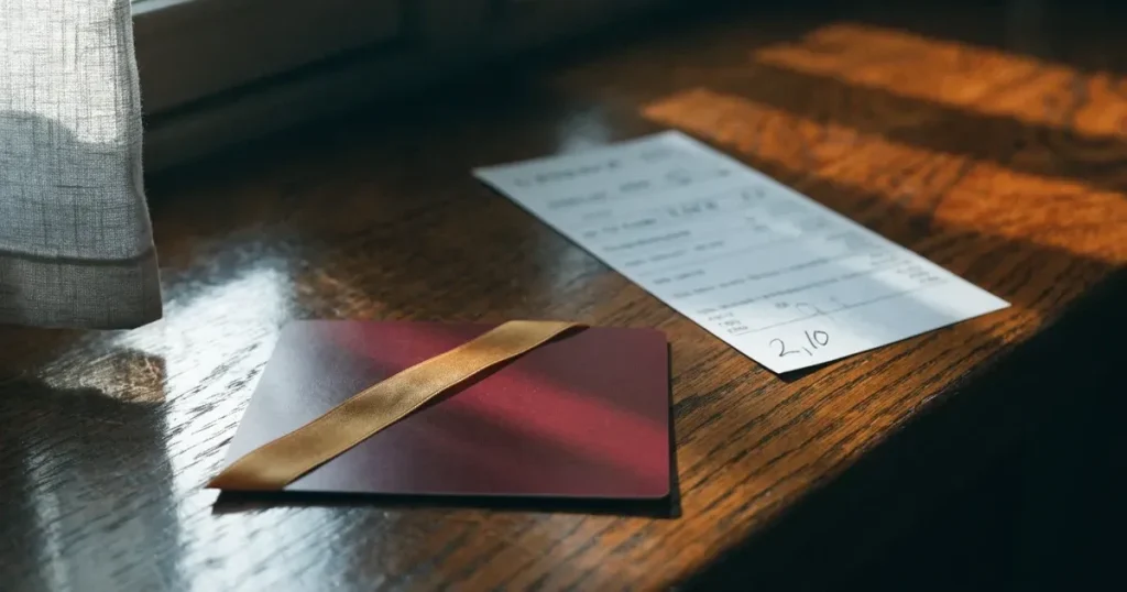 Un biglietto regalo con un nastro dorato accanto a una schedina su un bancone di legno