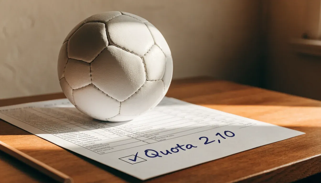 Un pallone da calcio appoggiato su una schedina bianca su un tavolo di legno, alla luce del giorno