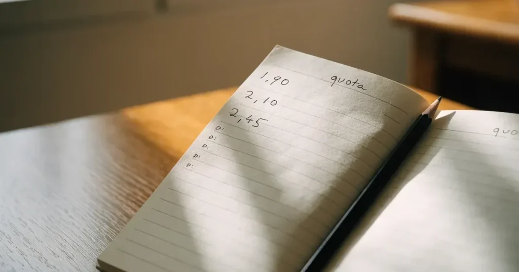 Un quaderno aperto con quote scritte a mano, una calcolatrice e una matita su un tavolo di legno