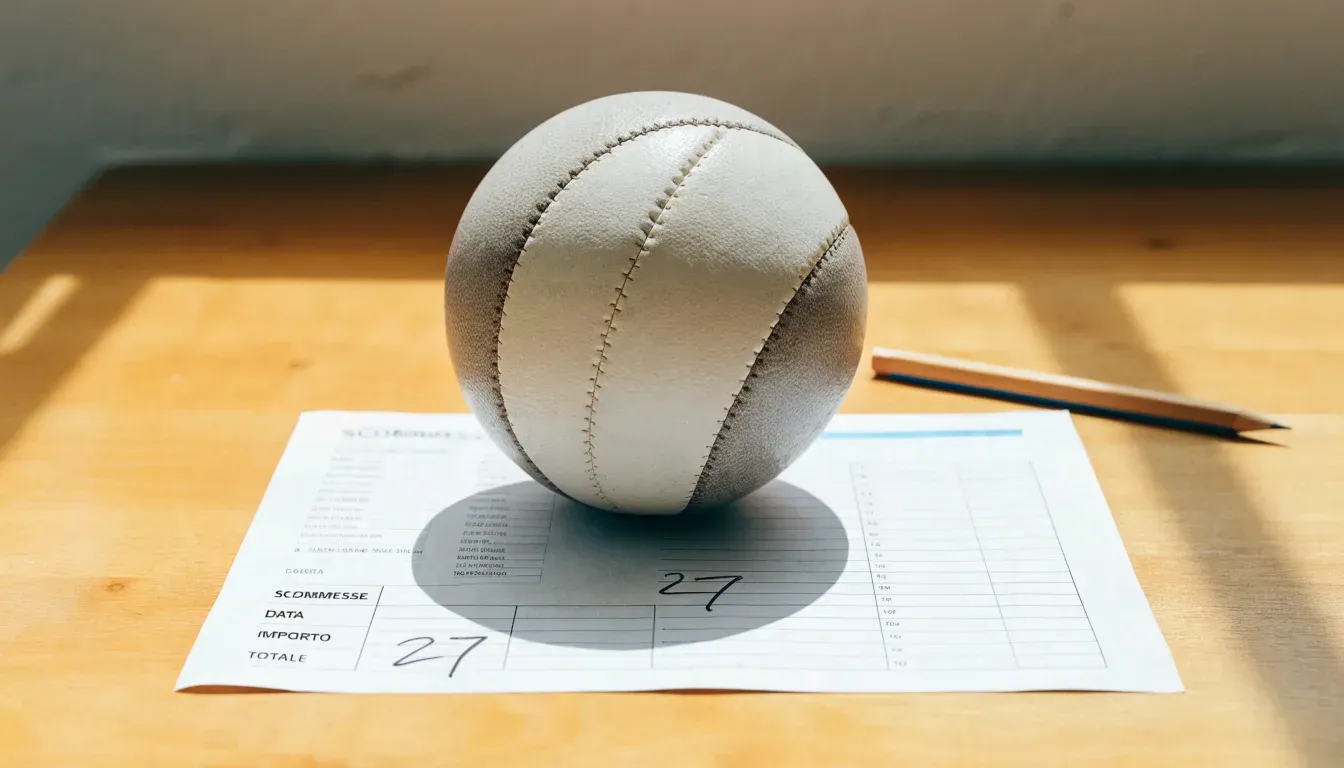 Un pallone da calcio appoggiato su una schedina bianca su un tavolo di legno, alla luce del giorno