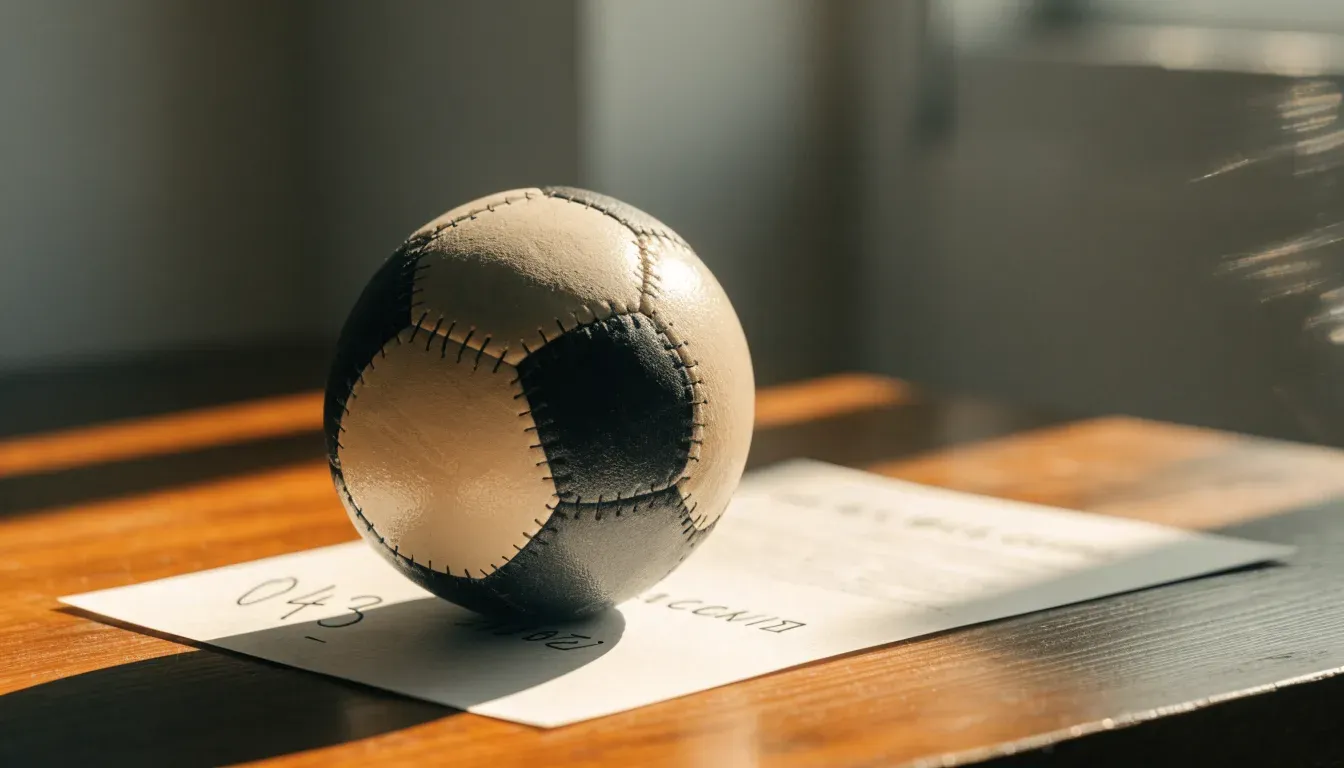 Un pallone da calcio appoggiato su una schedina bianca su un tavolo di legno, alla luce del giorno