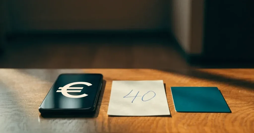 Uno smartphone e una carta di pagamento affiancati su un tavolo di legno, con alcune banconote da euro accanto