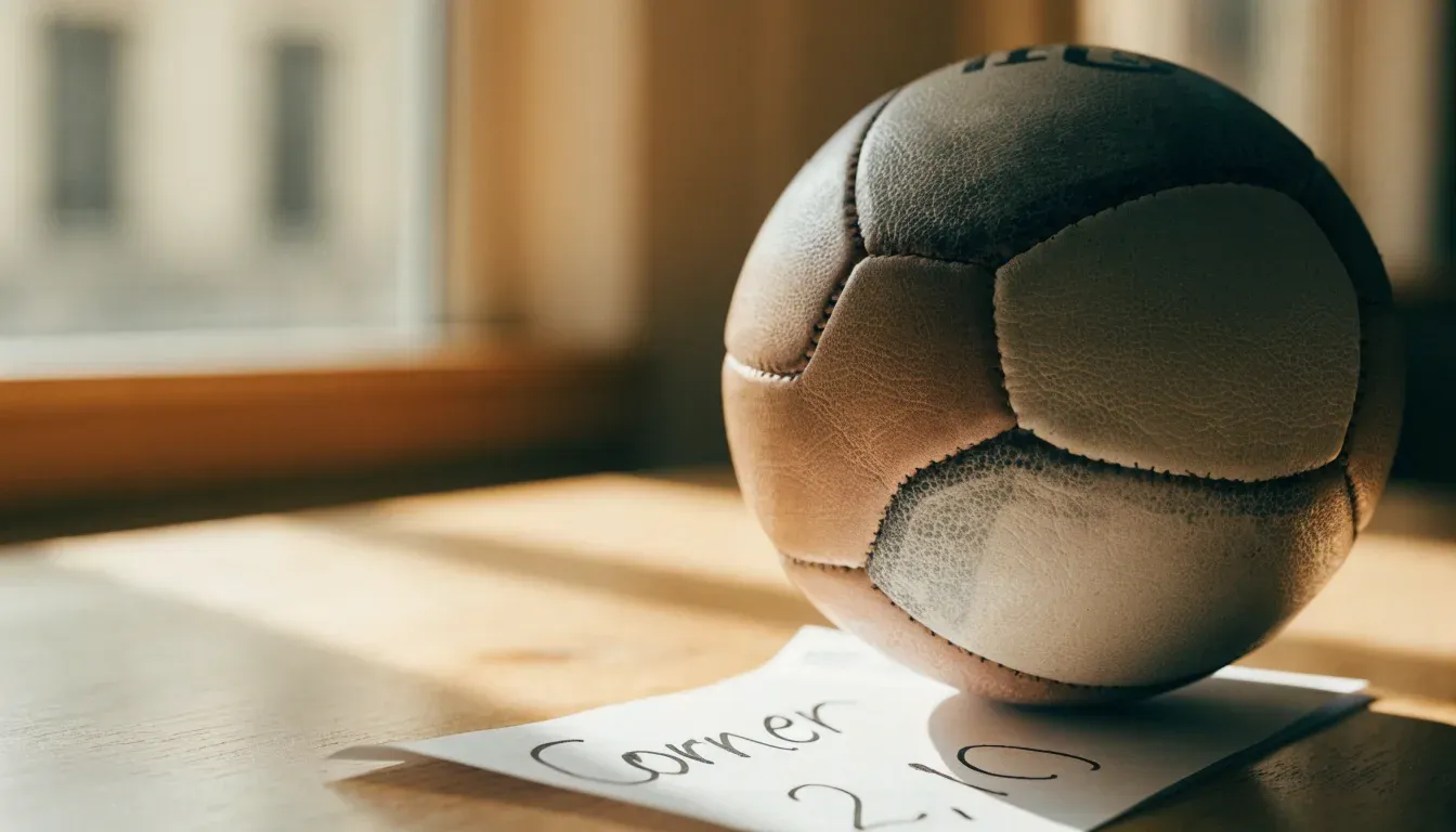Un pallone da calcio appoggiato su una schedina bianca su un tavolo di legno, alla luce del giorno
