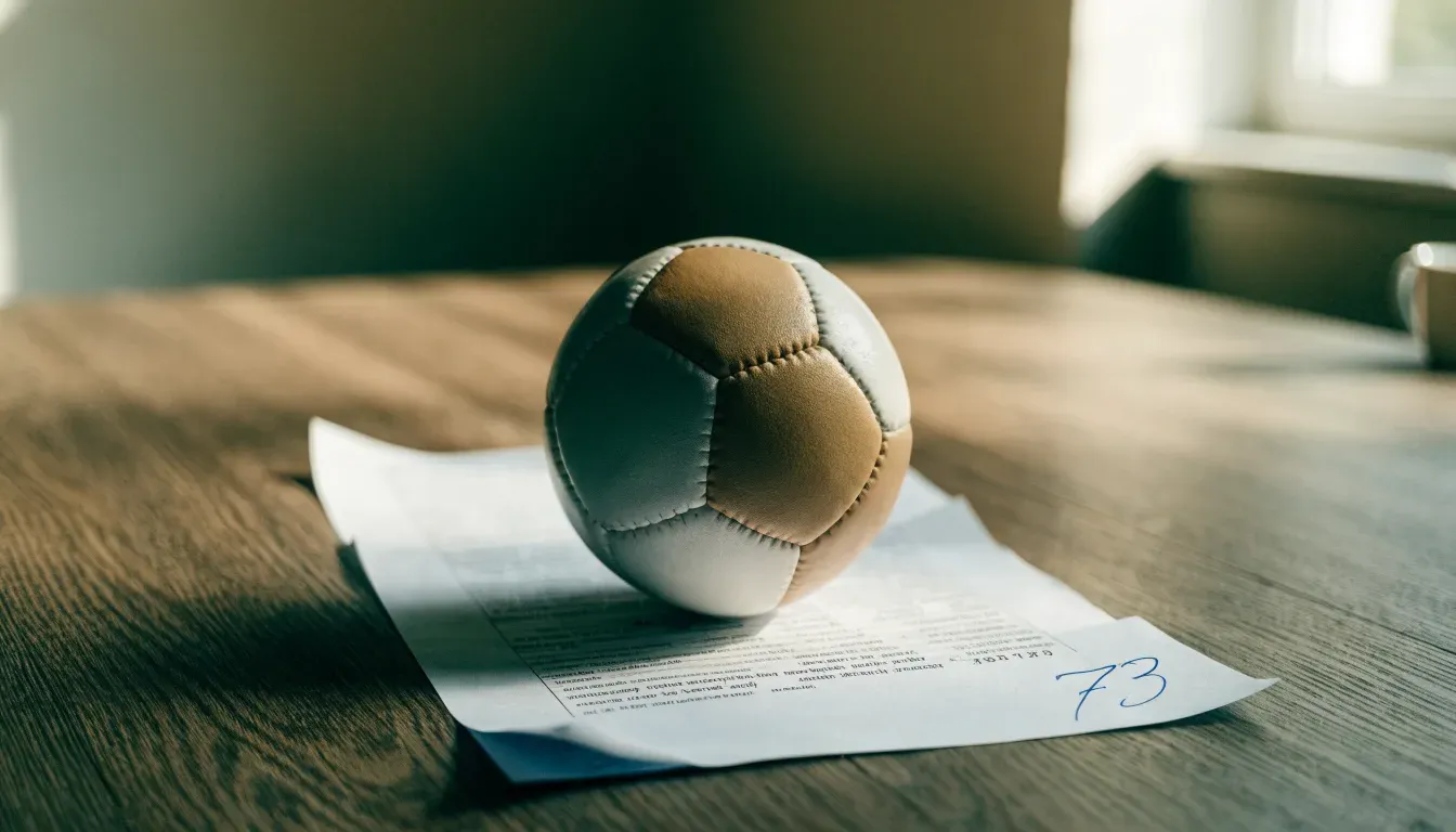 Un pallone da calcio appoggiato su una schedina bianca su un tavolo di legno, alla luce del giorno