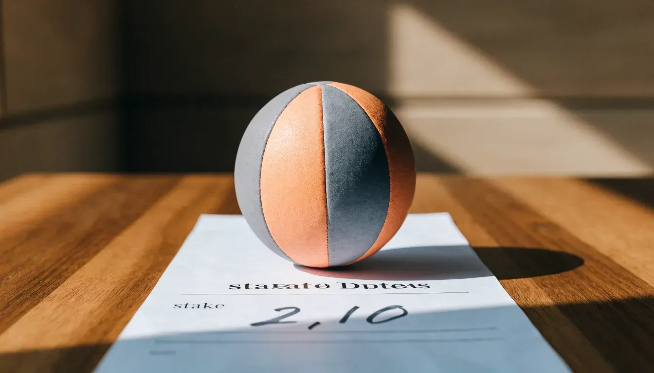 Un pallone da calcio appoggiato su una schedina bianca su un tavolo di legno, alla luce del giorno