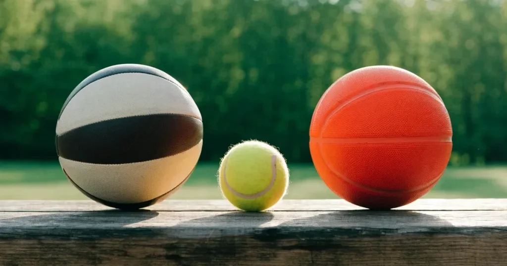 Tre palloni di sport diversi allineati uno accanto all'altro su una panca di legno