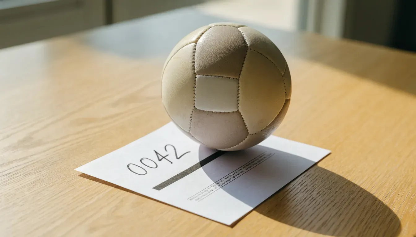 Un pallone da calcio appoggiato su una schedina bianca su un tavolo di legno, alla luce del giorno