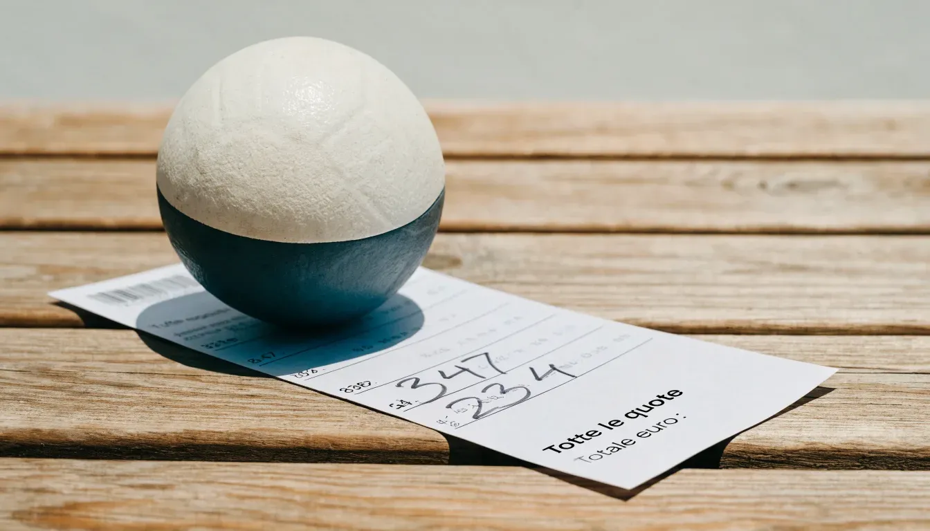 Un pallone da calcio appoggiato su una schedina bianca su un tavolo di legno, alla luce del giorno