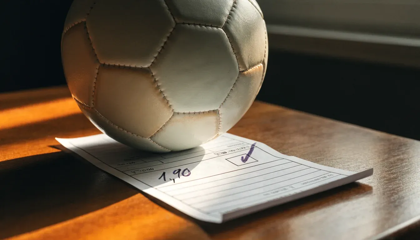 Un pallone da calcio appoggiato su una schedina bianca su un tavolo di legno, alla luce del giorno