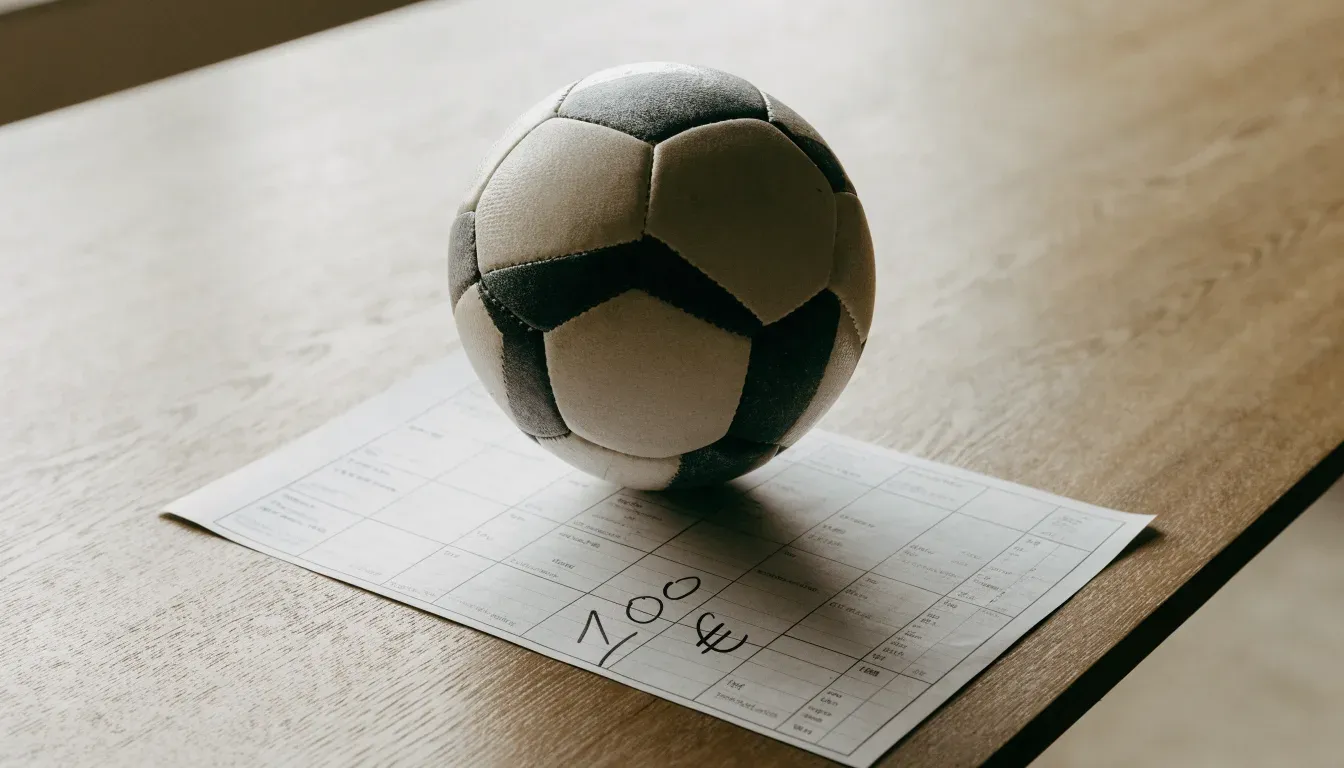 Un pallone da calcio appoggiato su una schedina bianca su un tavolo di legno, alla luce del giorno