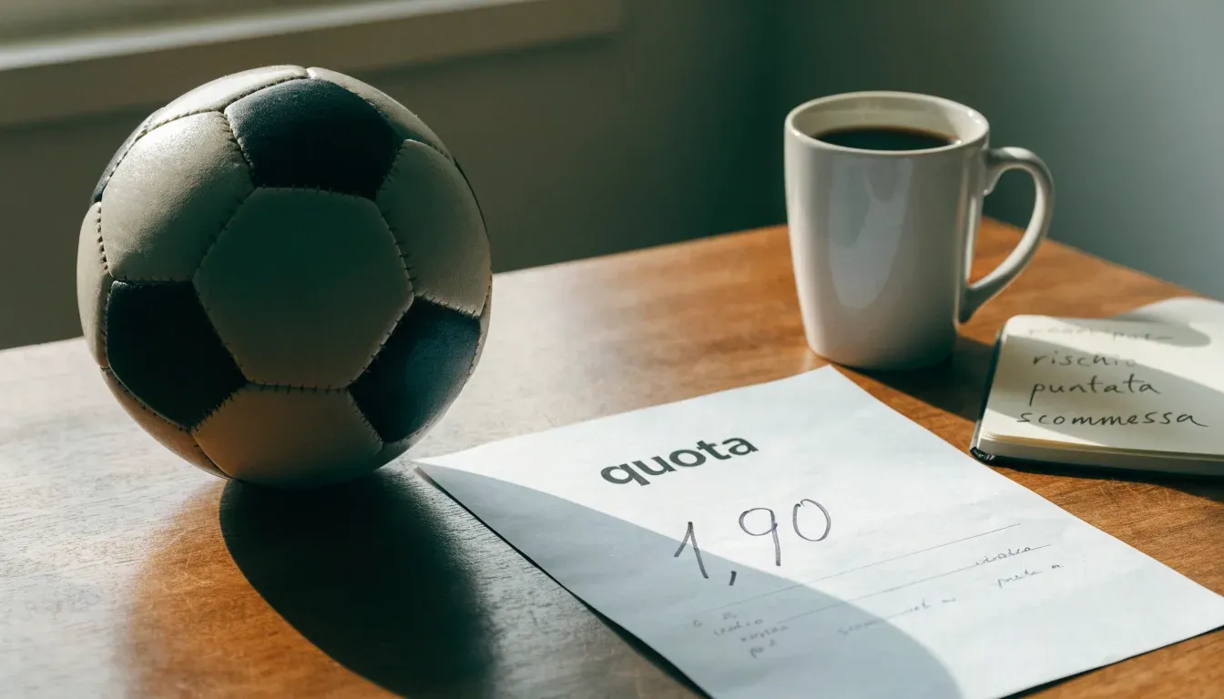 Un pallone da calcio appoggiato su una schedina bianca su un tavolo di legno, alla luce del giorno