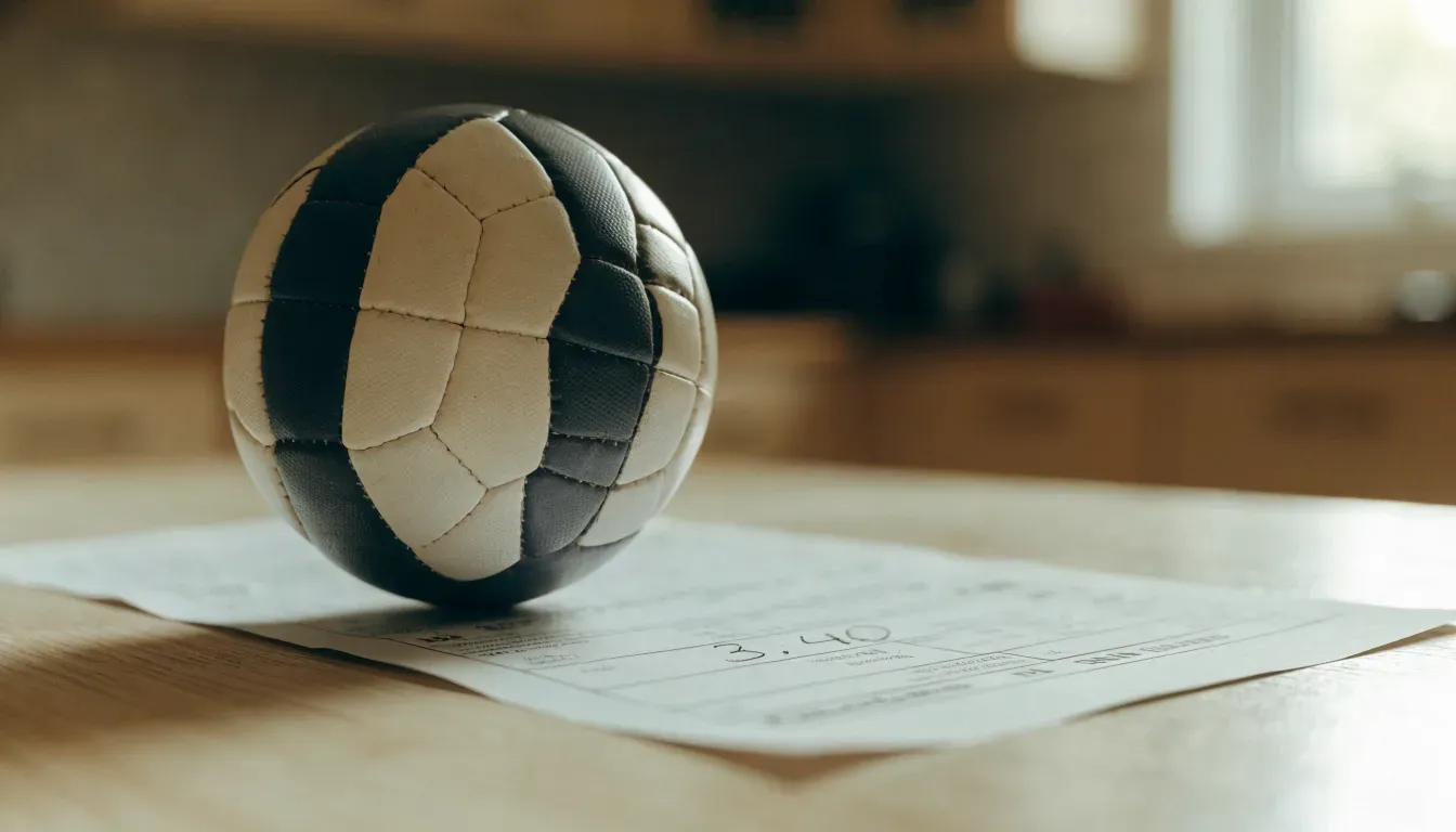 Un pallone da calcio appoggiato su una schedina bianca su un tavolo di legno, alla luce del giorno
