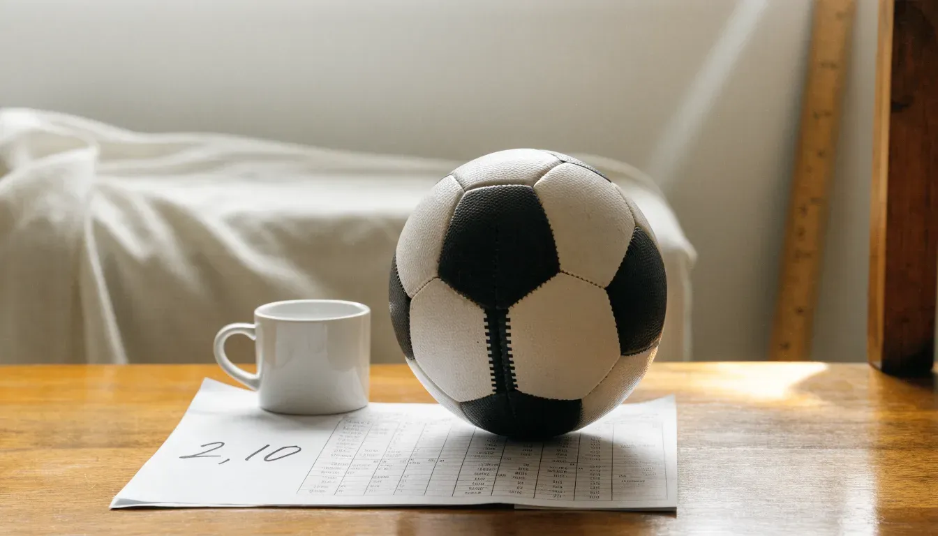 Un pallone da calcio appoggiato su una schedina bianca su un tavolo di legno, alla luce del giorno