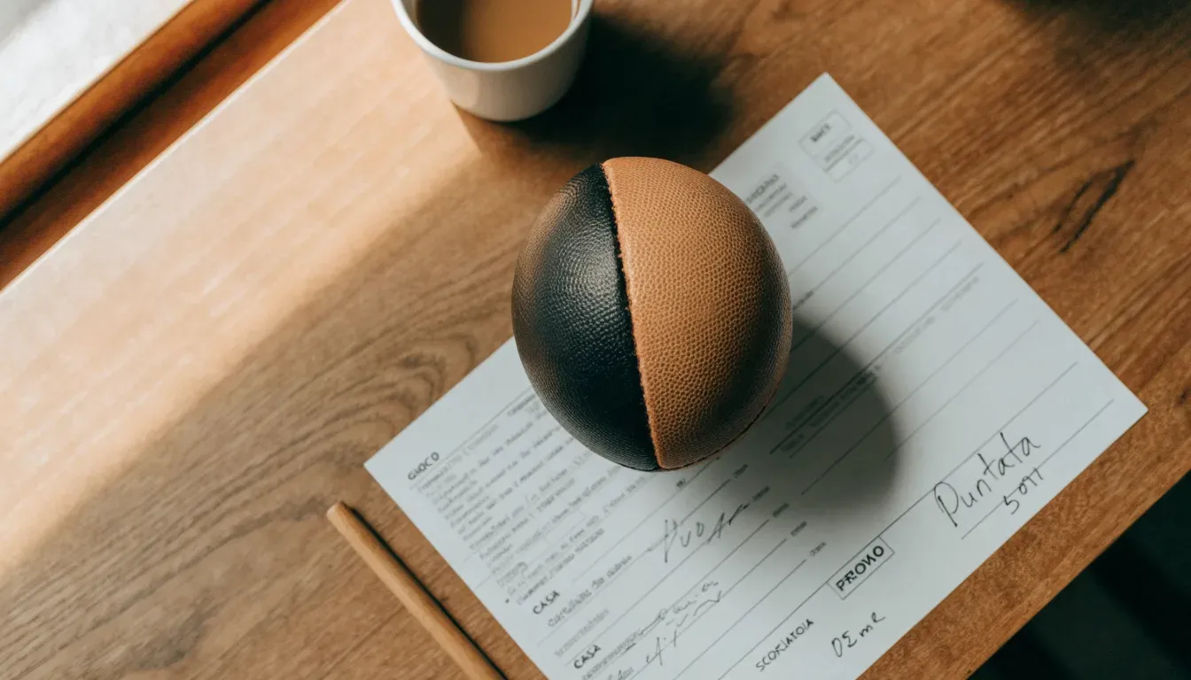 Un pallone da calcio appoggiato su una schedina bianca su un tavolo di legno, alla luce del giorno