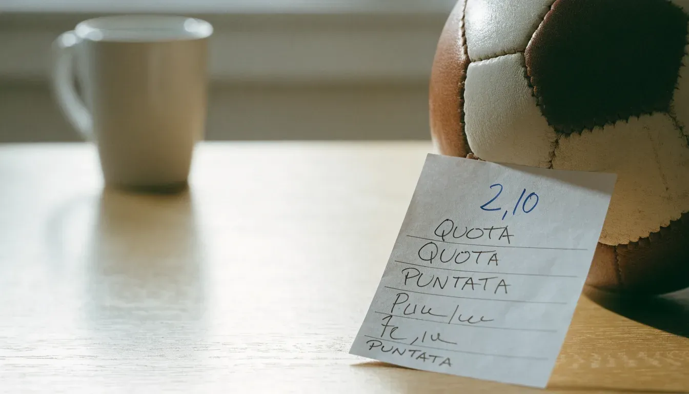 Un pallone da calcio appoggiato su una schedina bianca su un tavolo di legno, alla luce del giorno