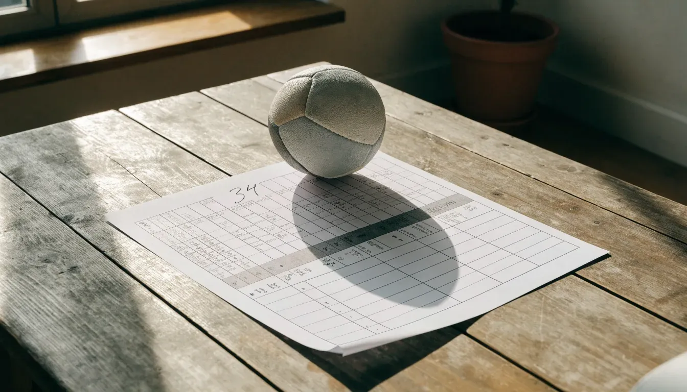 Un pallone da calcio appoggiato su una schedina bianca su un tavolo di legno, alla luce del giorno