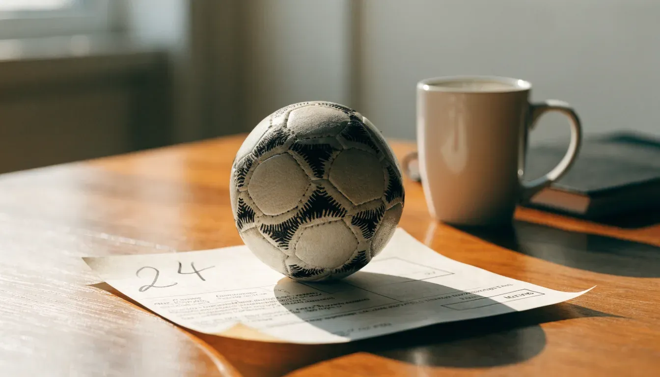 Un pallone da calcio appoggiato su una schedina bianca su un tavolo di legno, alla luce del giorno