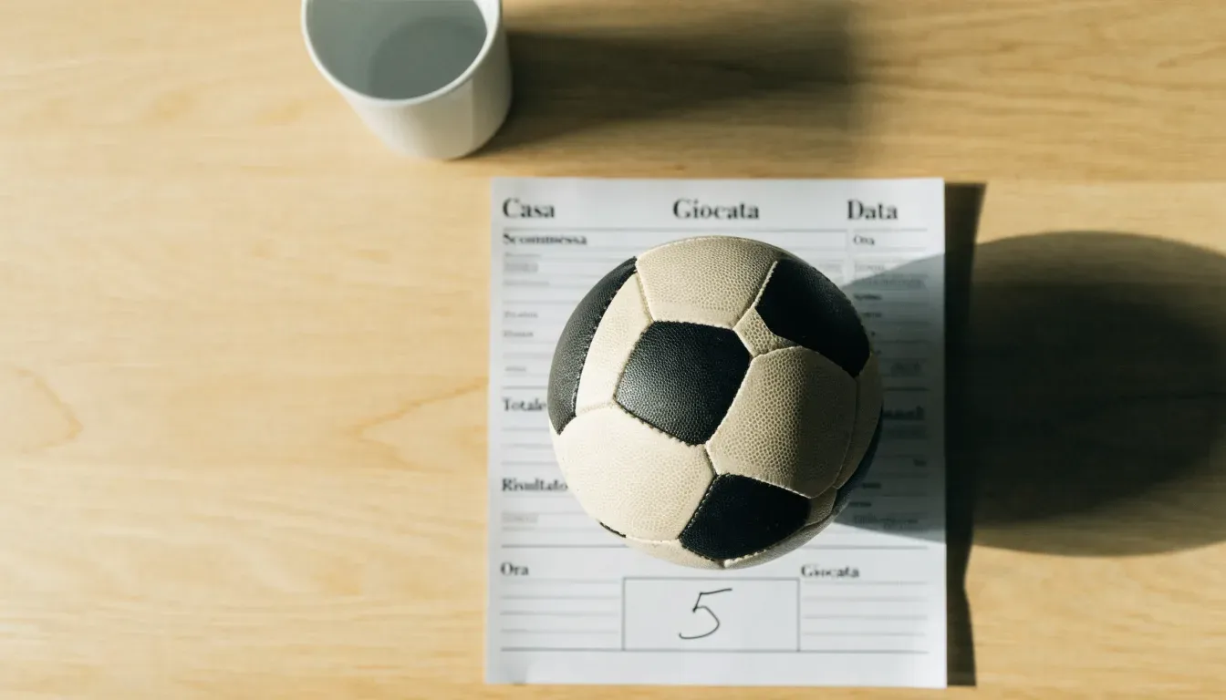 Un pallone da calcio appoggiato su una schedina bianca su un tavolo di legno, alla luce del giorno