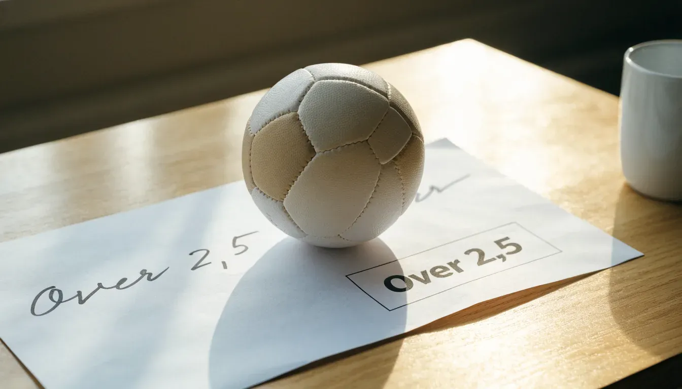 Un pallone da calcio appoggiato su una schedina bianca su un tavolo di legno, alla luce del giorno