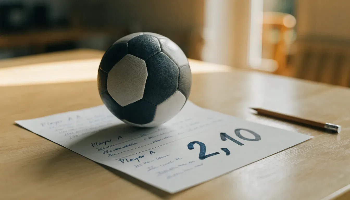 Un pallone da calcio appoggiato su una schedina bianca su un tavolo di legno, alla luce del giorno
