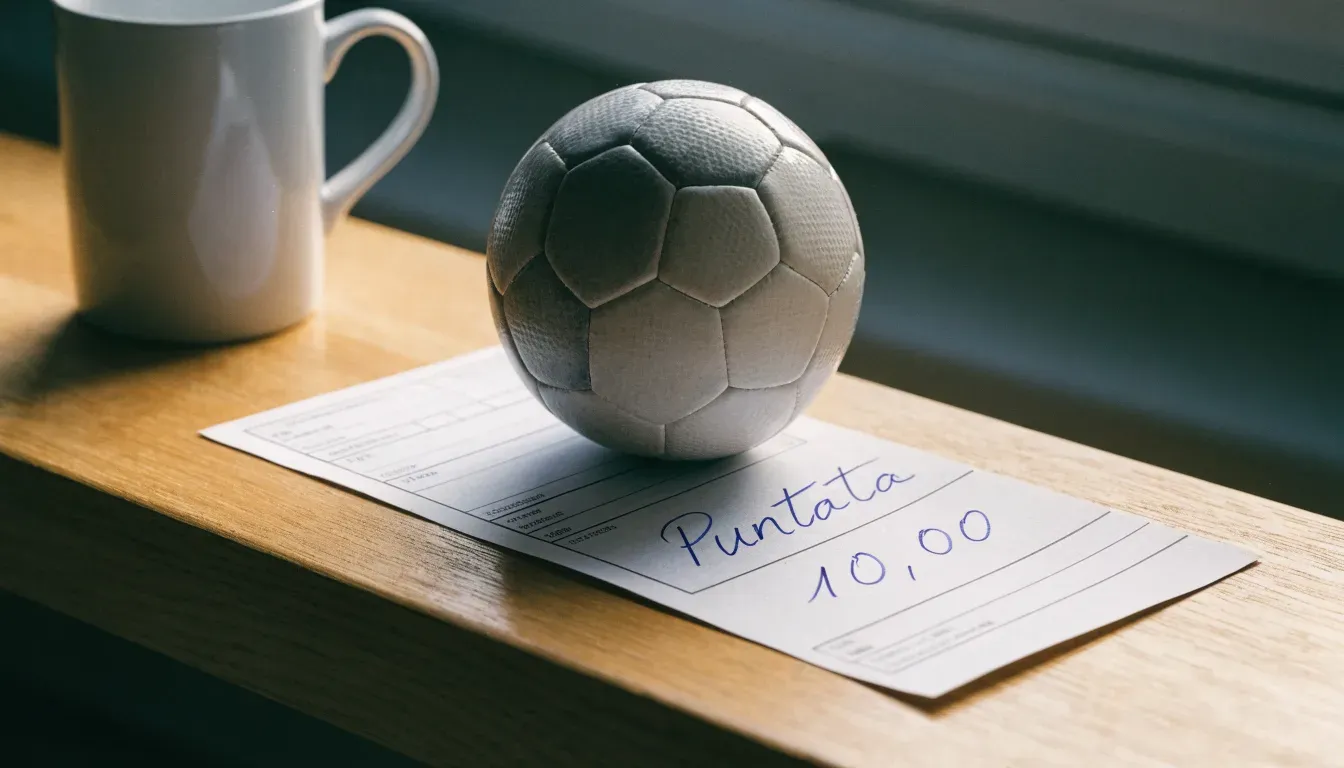 Un pallone da calcio appoggiato su una schedina bianca su un tavolo di legno, alla luce del giorno