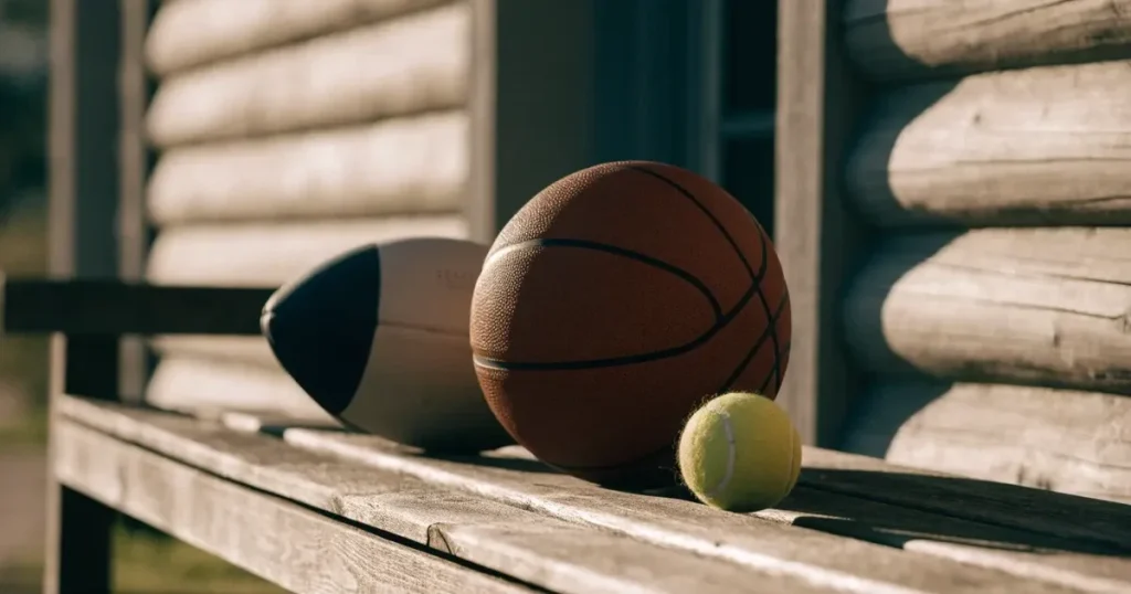 Tre palloni di sport diversi allineati uno accanto all'altro su una panca di legno