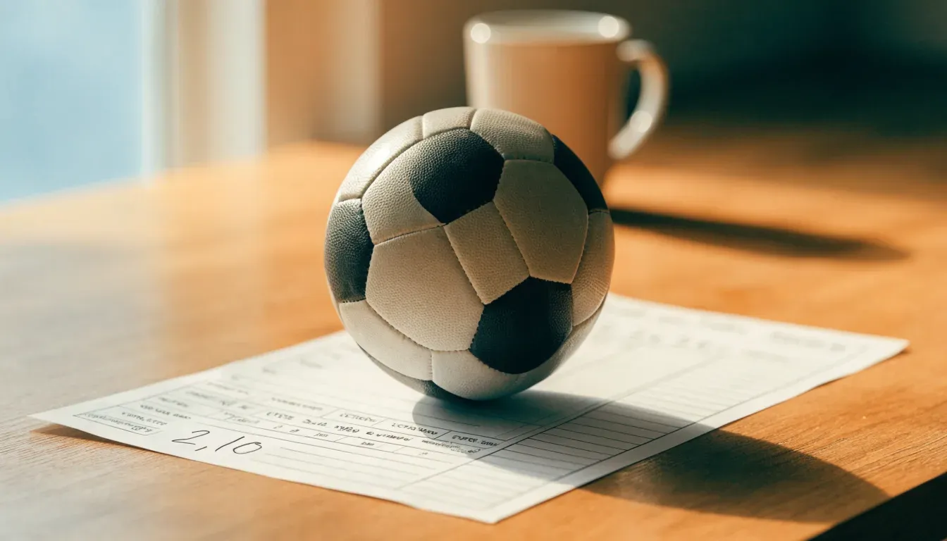 Un pallone da calcio appoggiato su una schedina bianca su un tavolo di legno, alla luce del giorno