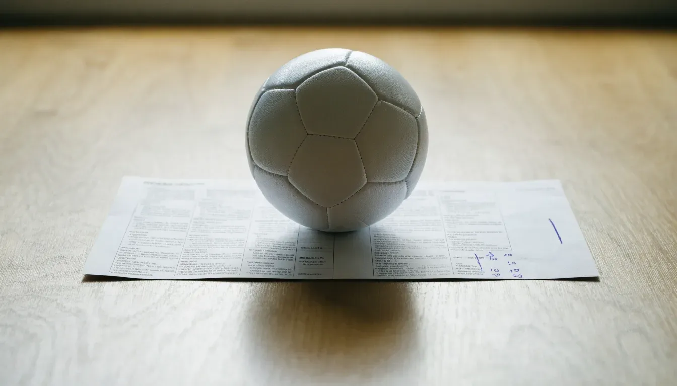Un pallone da calcio appoggiato su una schedina bianca su un tavolo di legno, alla luce del giorno