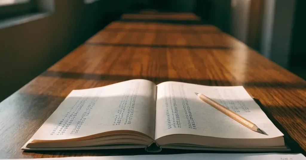 Un quaderno aperto con quote scritte a mano, una calcolatrice e una matita su un tavolo di legno