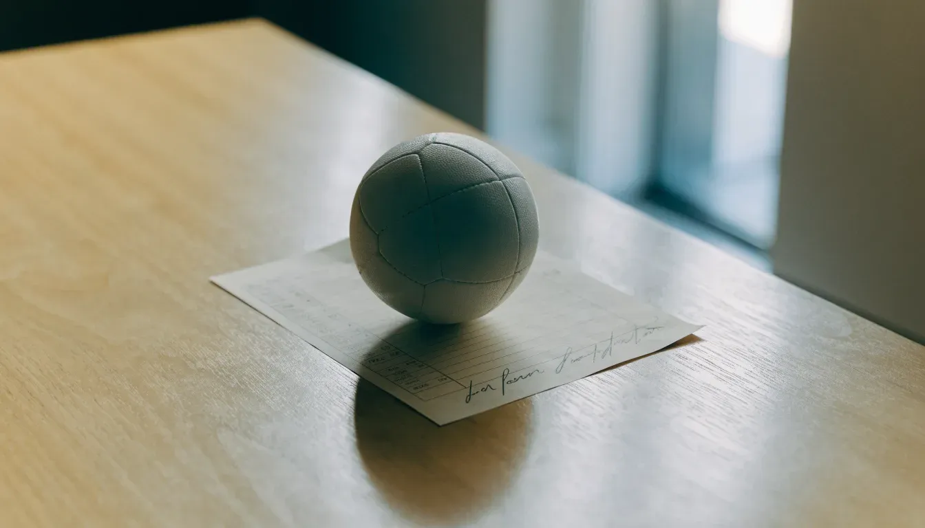 Un pallone da calcio appoggiato su una schedina bianca su un tavolo di legno, alla luce del giorno