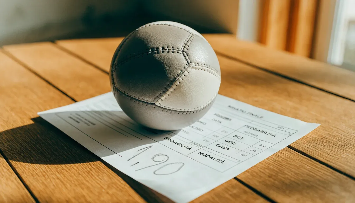 Un pallone da calcio appoggiato su una schedina bianca su un tavolo di legno, alla luce del giorno