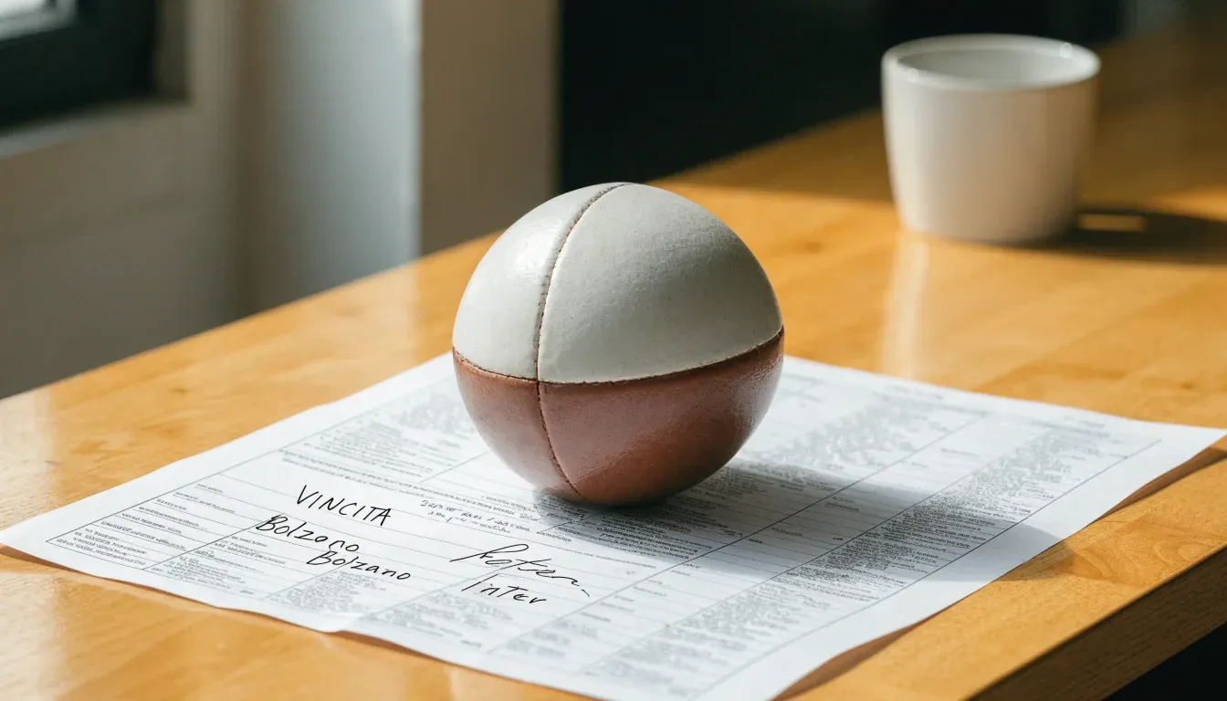 Un pallone da calcio appoggiato su una schedina bianca su un tavolo di legno, alla luce del giorno