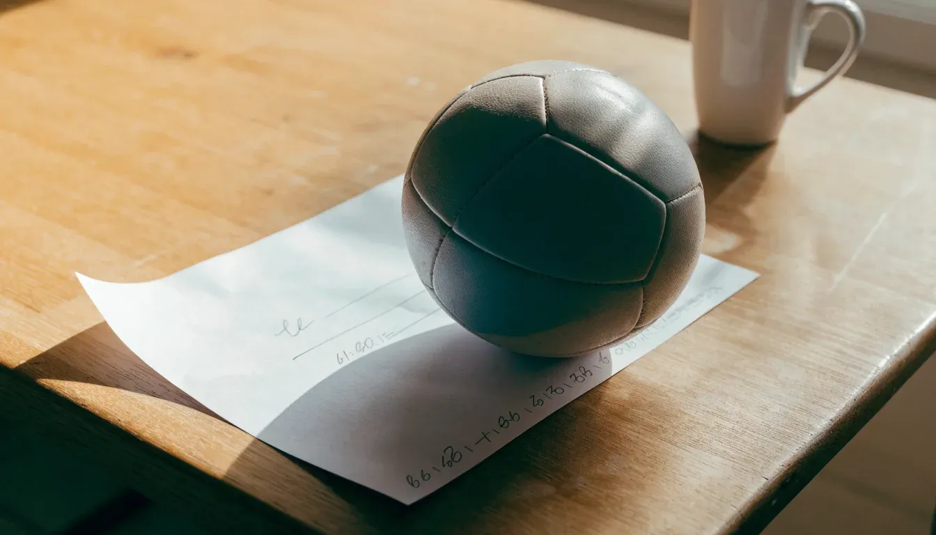 Un pallone da calcio appoggiato su una schedina bianca su un tavolo di legno, alla luce del giorno
