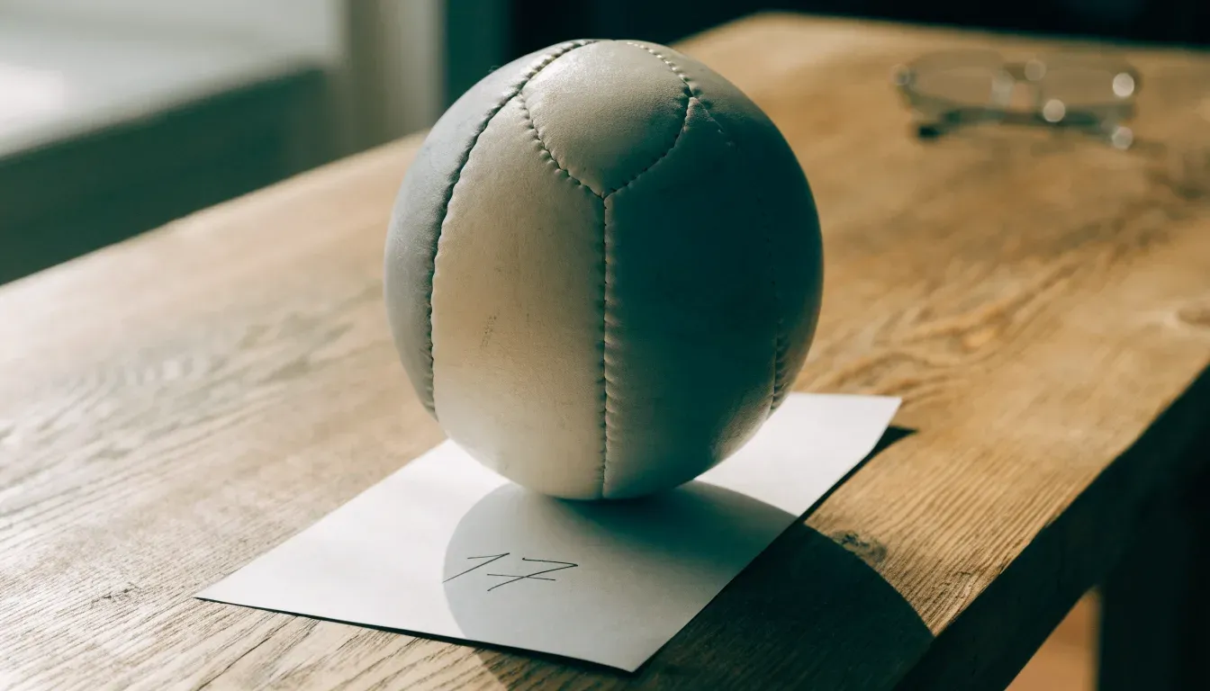 Un pallone da calcio appoggiato su una schedina bianca su un tavolo di legno, alla luce del giorno