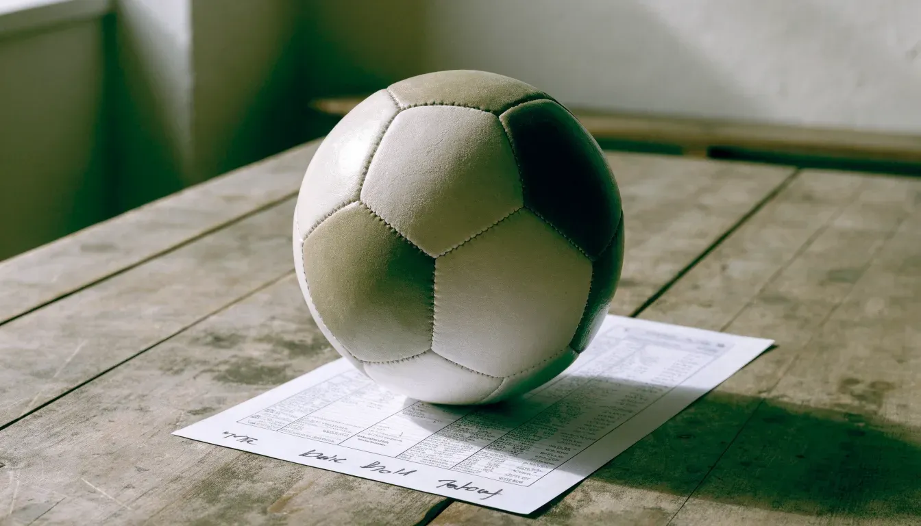 Un pallone da calcio appoggiato su una schedina bianca su un tavolo di legno, alla luce del giorno
