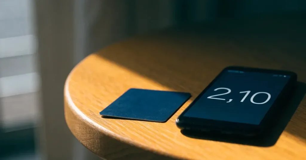 Uno smartphone e una carta di pagamento affiancati su un tavolo di legno, con alcune banconote da euro accanto
