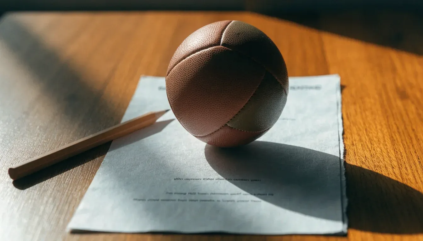Un pallone da calcio appoggiato su una schedina bianca su un tavolo di legno, alla luce del giorno