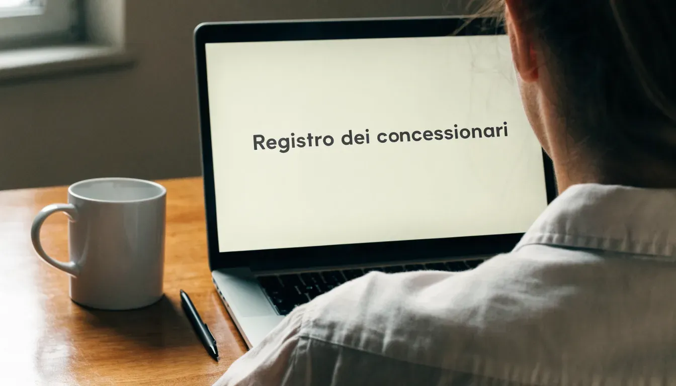 Un foglio di concessione in carta con un timbro rosso, appoggiato su una scrivania di legno accanto a una penna