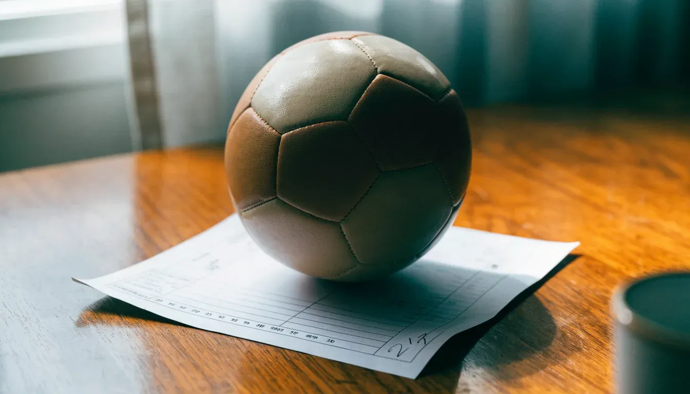 Un pallone da calcio appoggiato su una schedina bianca su un tavolo di legno, alla luce del giorno