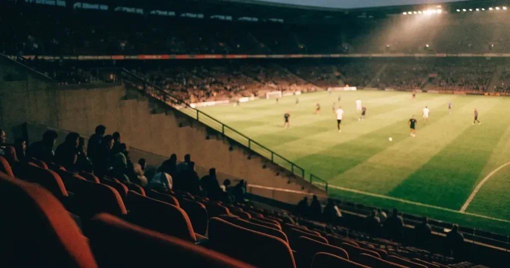 Un tabellone elettronico di uno stadio con il risultato a metà del secondo tempo, visto dalle tribune