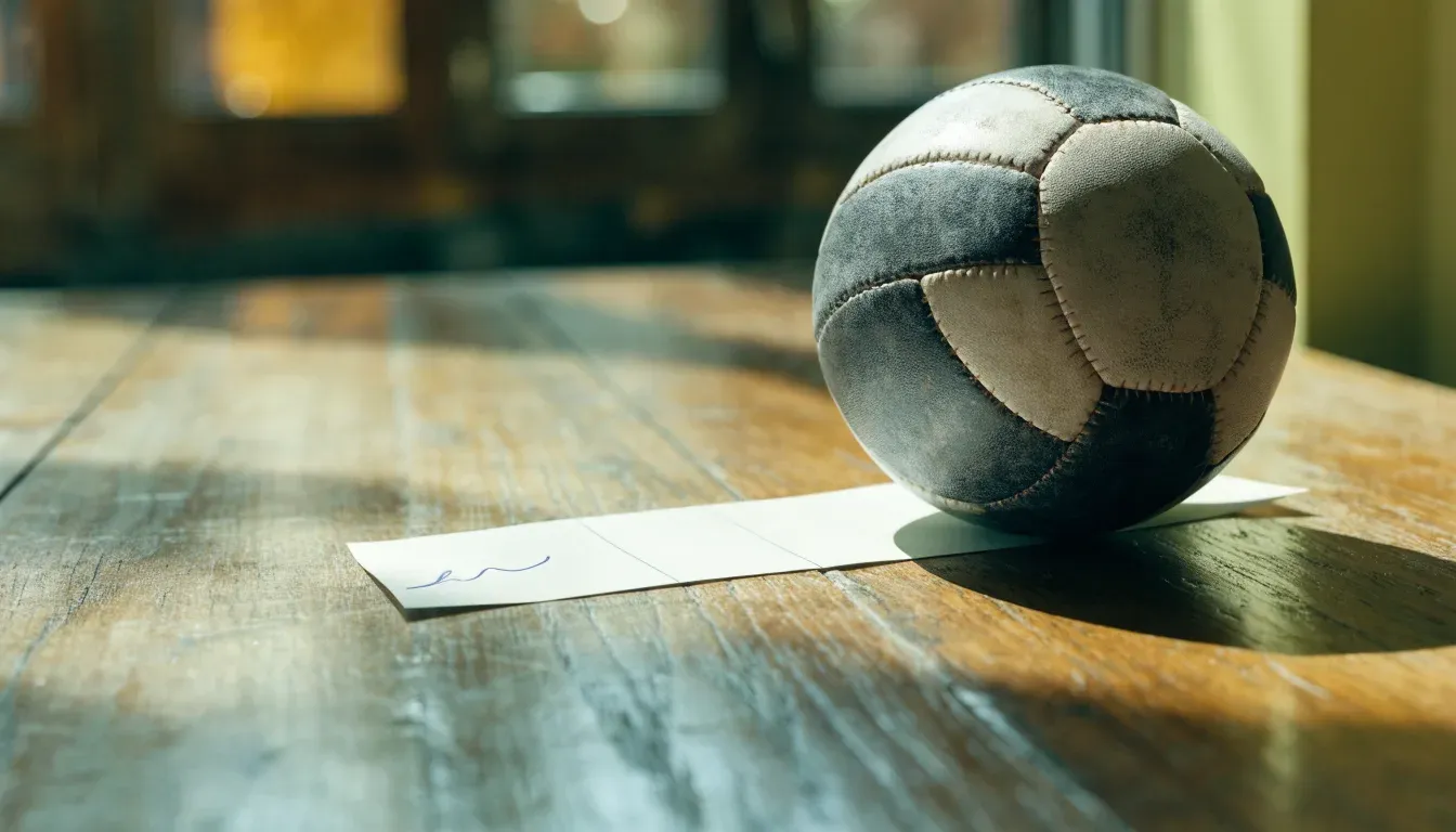 Un pallone da calcio appoggiato su una schedina bianca su un tavolo di legno, alla luce del giorno