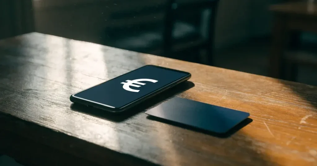 Uno smartphone e una carta di pagamento affiancati su un tavolo di legno, con alcune banconote da euro accanto