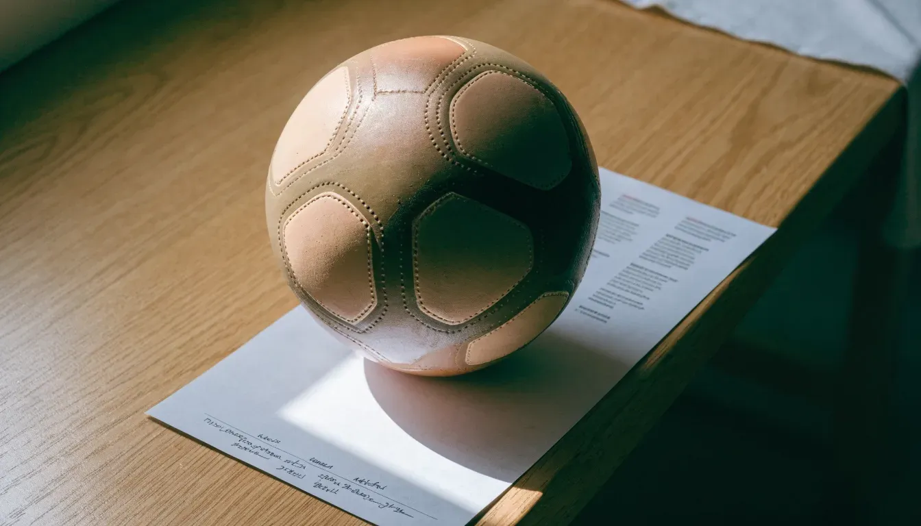 Un pallone da calcio appoggiato su una schedina bianca su un tavolo di legno, alla luce del giorno