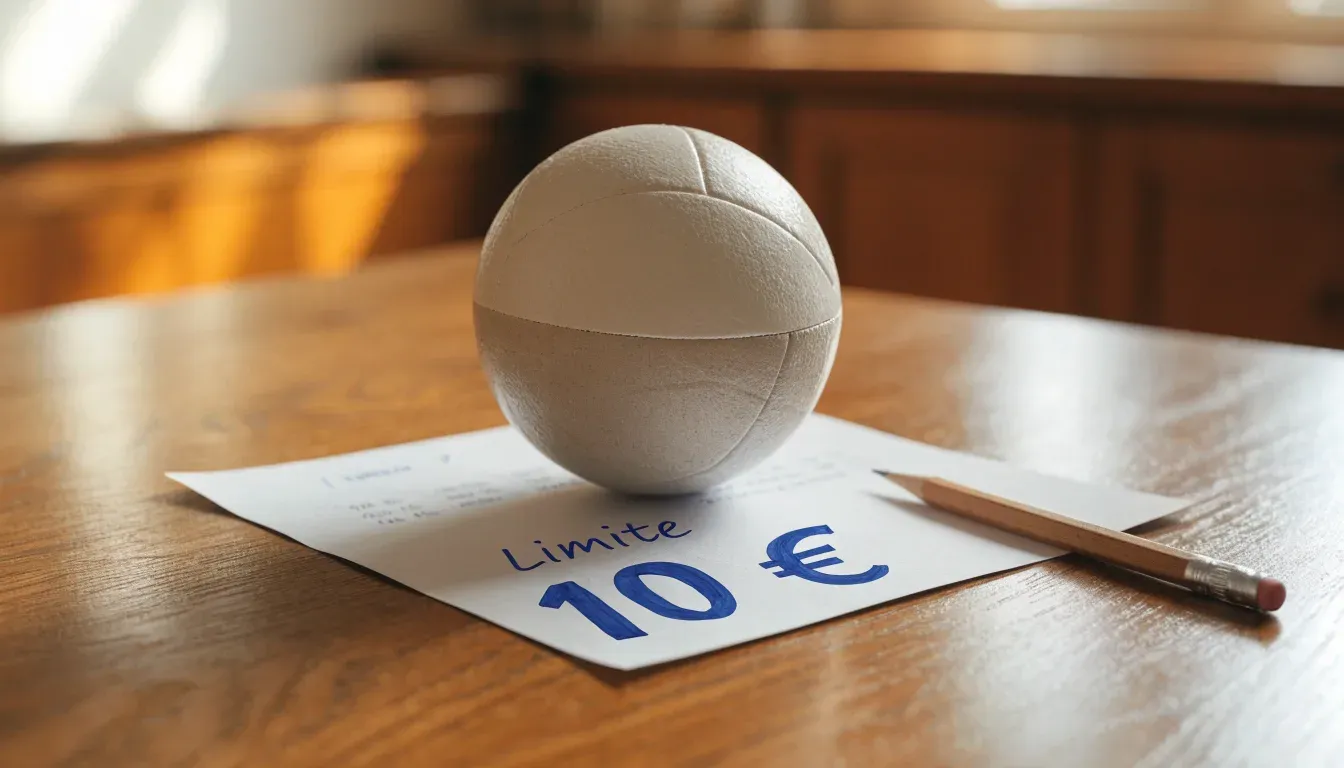 Un pallone da calcio appoggiato su una schedina bianca su un tavolo di legno, alla luce del giorno